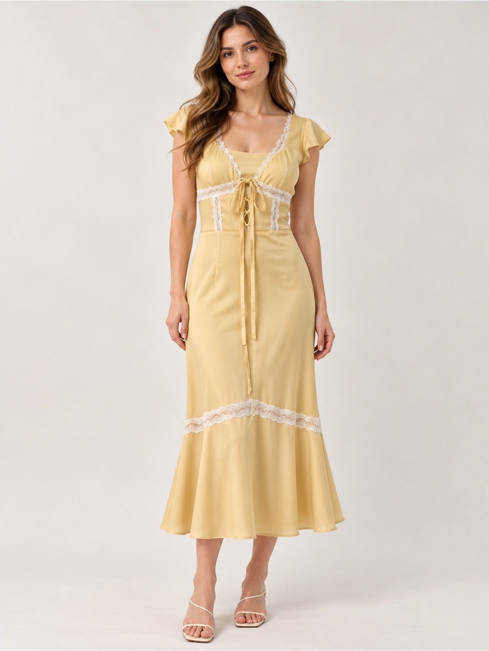 NWT Miss Circle Zora Pale Yellow Satin Lace-Up Flare Midi Dress - medium